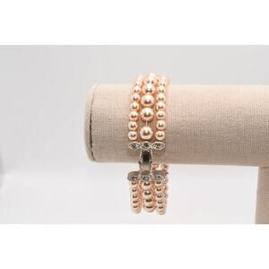 Vintage Faux Pearl 3 Strand Bracelet Pink Rhinestone Clasp 7.25”